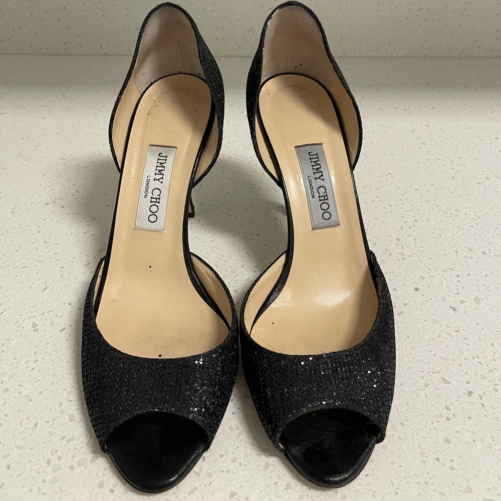 Jimmy Choo Black Glitter Heels Elegant D'Orsay Design